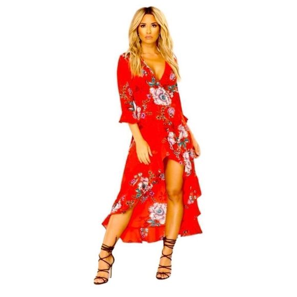 Womens Haute Project LA Red Floral Print Deep V Dress Hi-Lo Top - Sz S - Picture 1 of 4